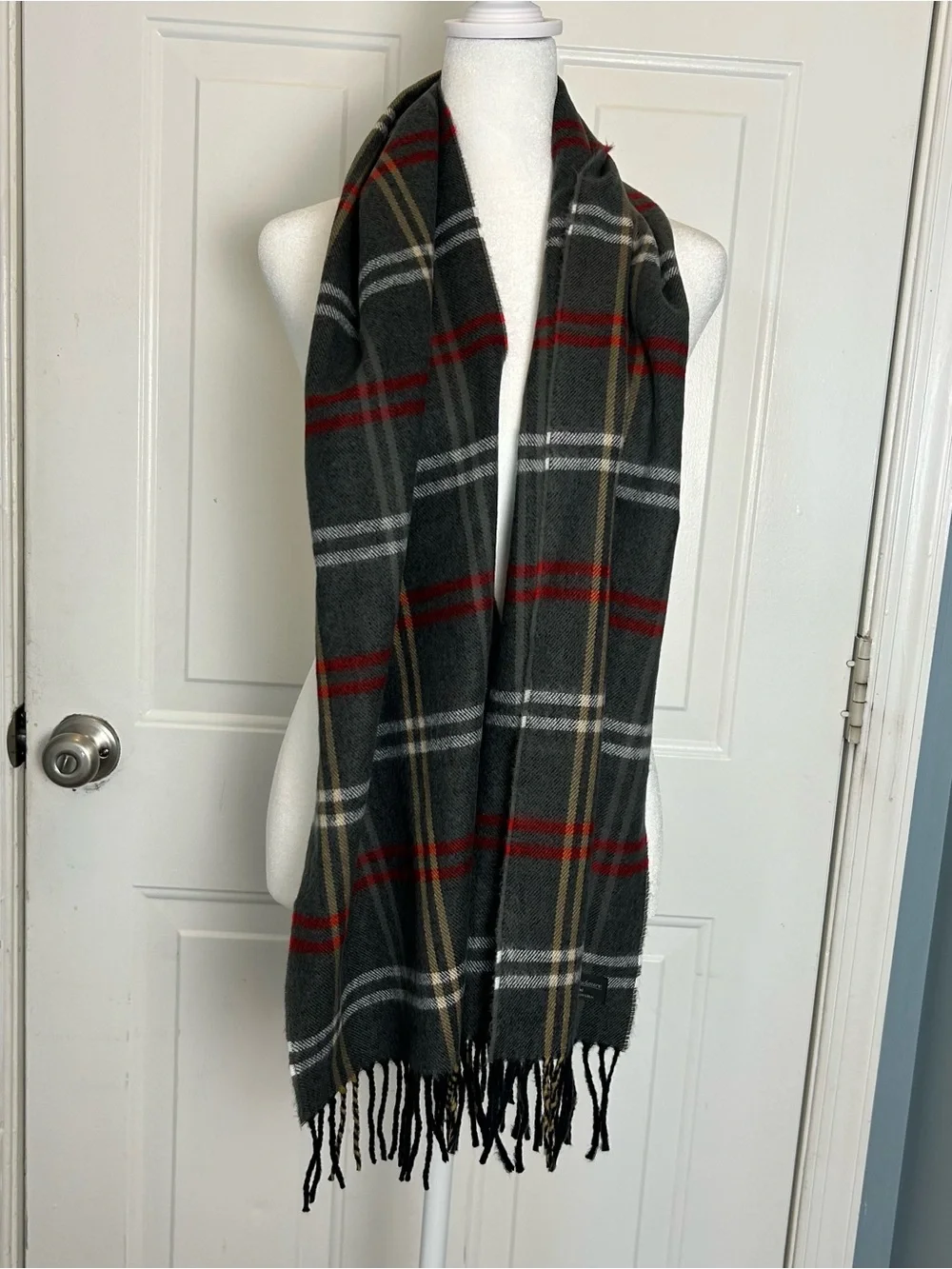 Scottish Made 100% Cashmere Scarf Gray, White Yellow Tartan Plaid
